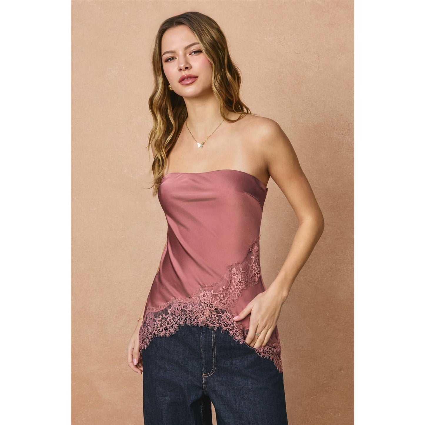 Satin Asymmetrical Lace Hem Sleeveless Top