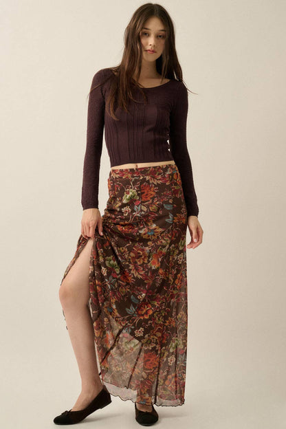 Floral-Print Mesh Godet-Pleat Elastic-Waist Maxi Skirt