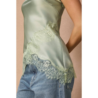 Satin Asymmetrical Lace Hem Sleeveless Top