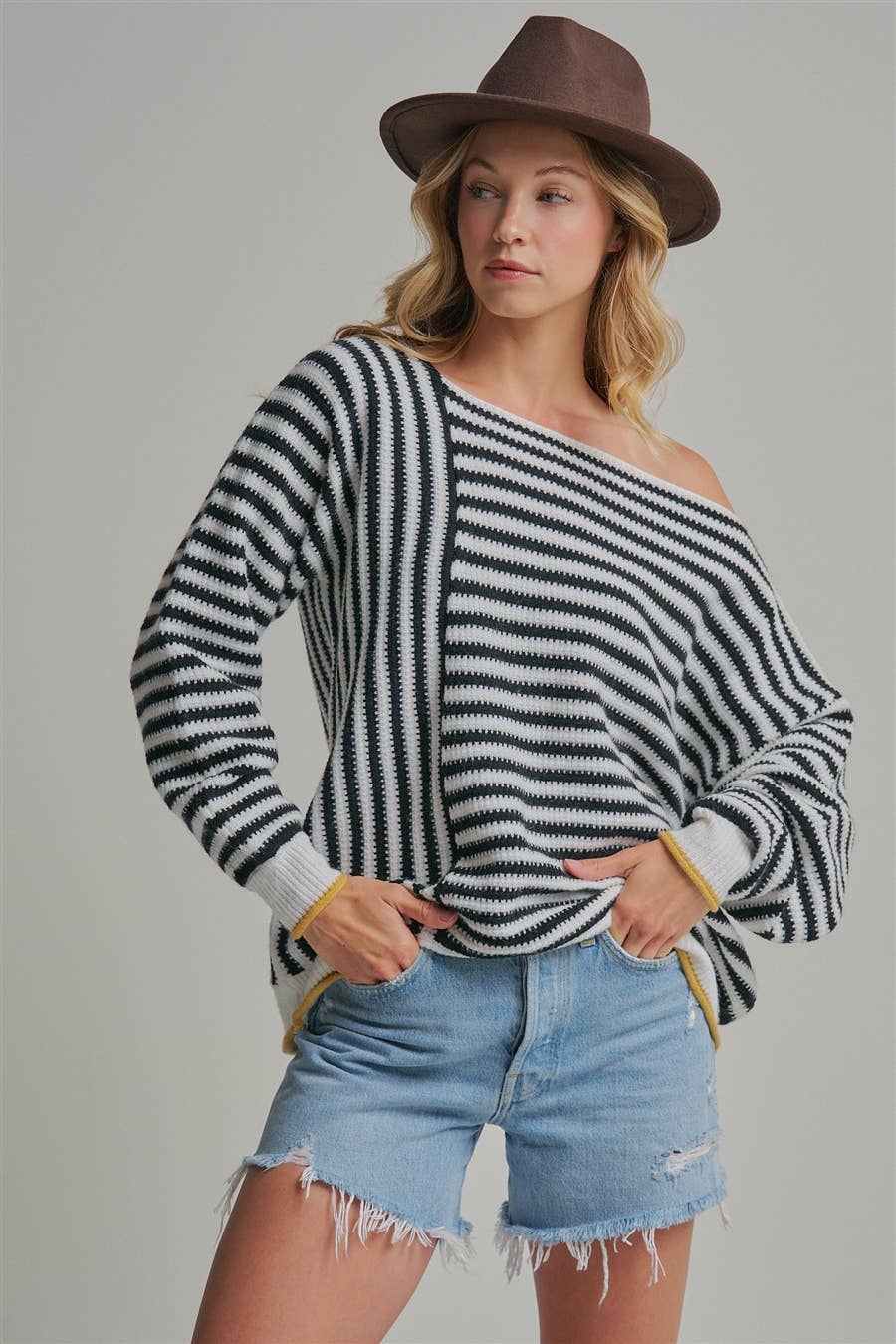 OVERSIZED STRIPE OFF SHOULDER SWEATER TOP