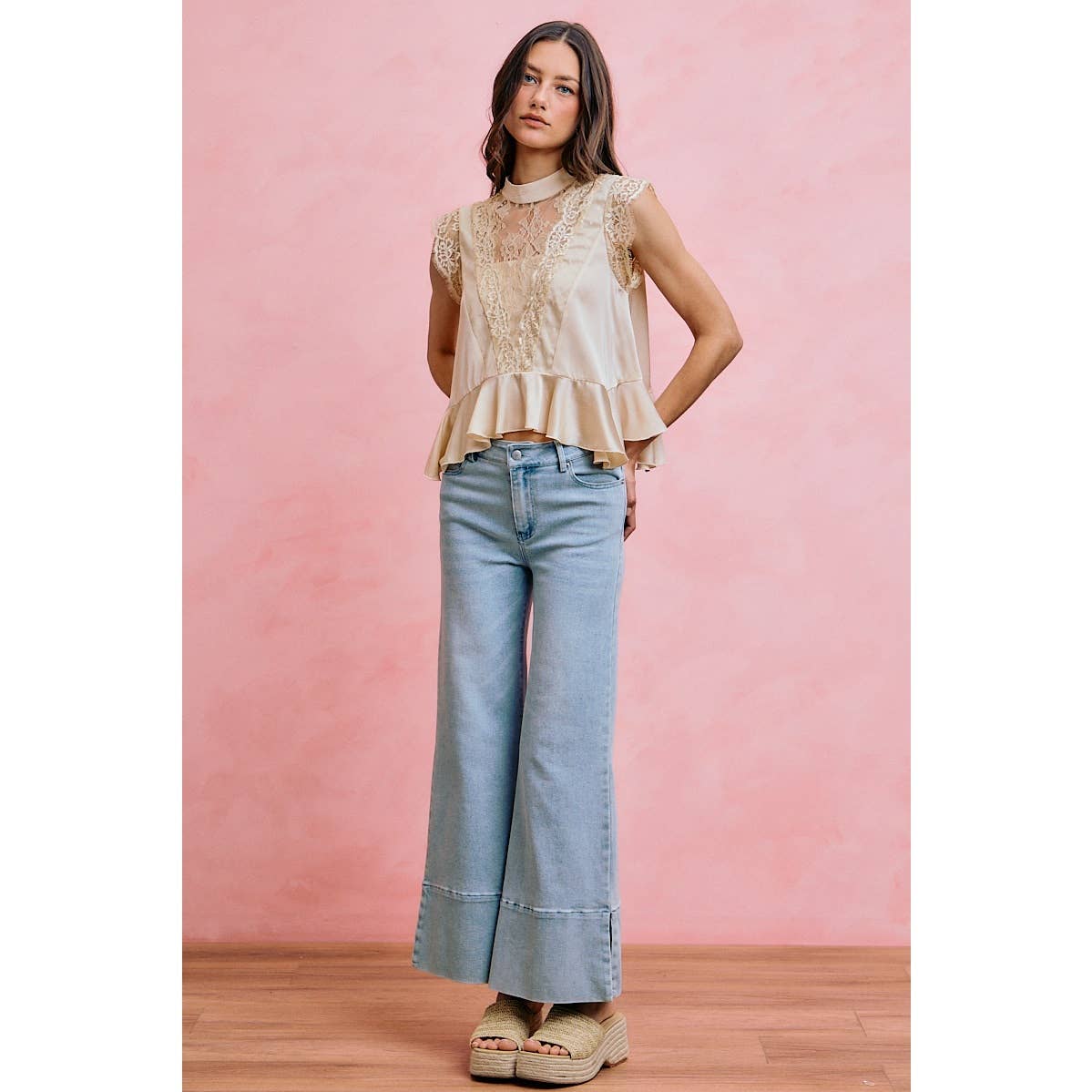 SATIN MOCK NECK LACE TRIM PEPLUM BLOUSE TOP