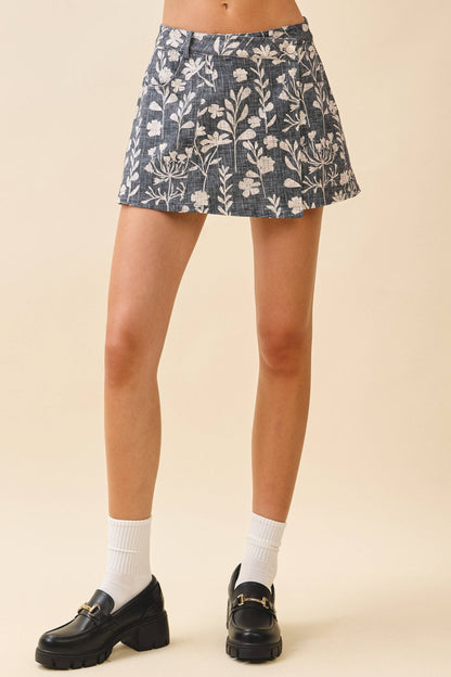 Botanical Print High Waist A Line Skort