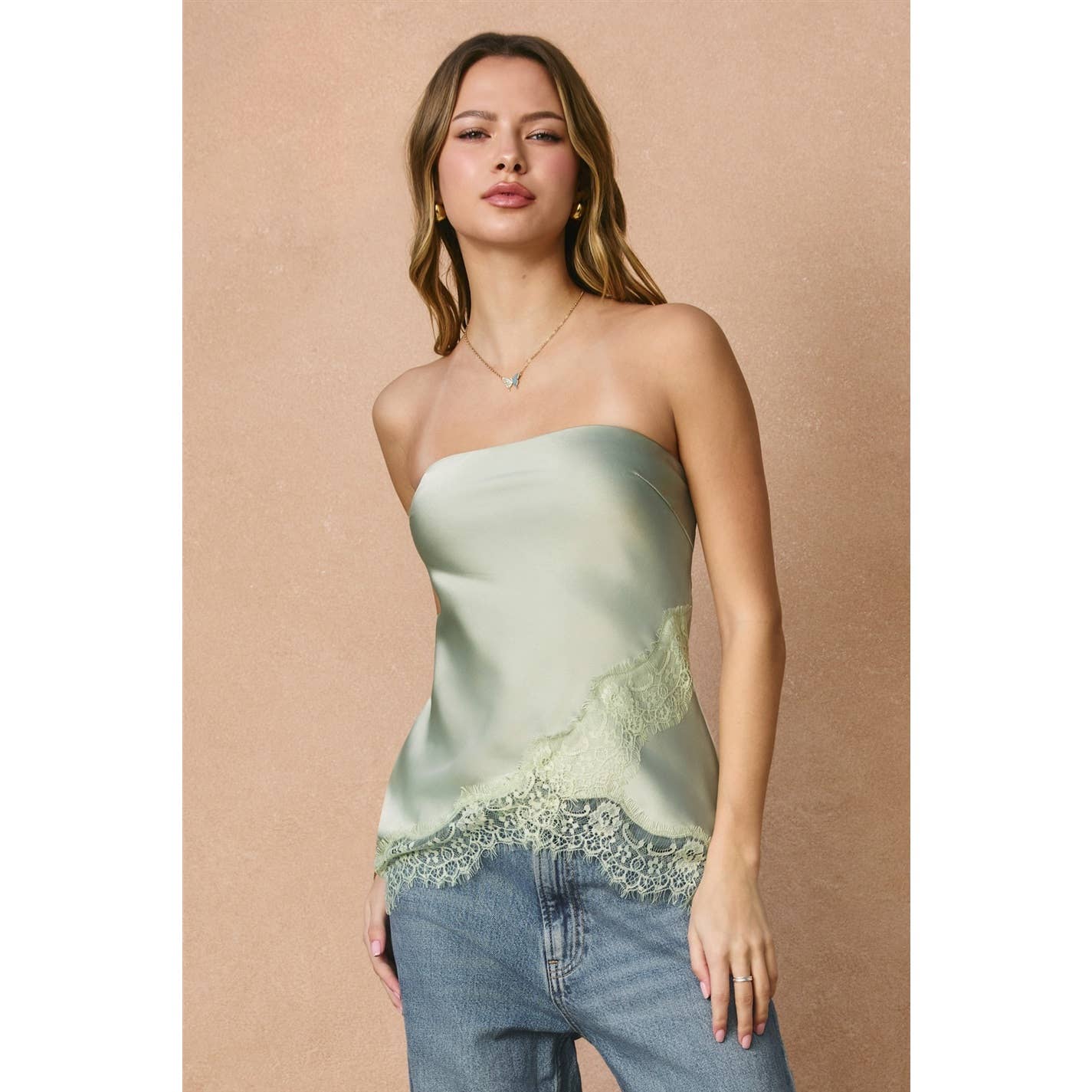 Satin Asymmetrical Lace Hem Sleeveless Top