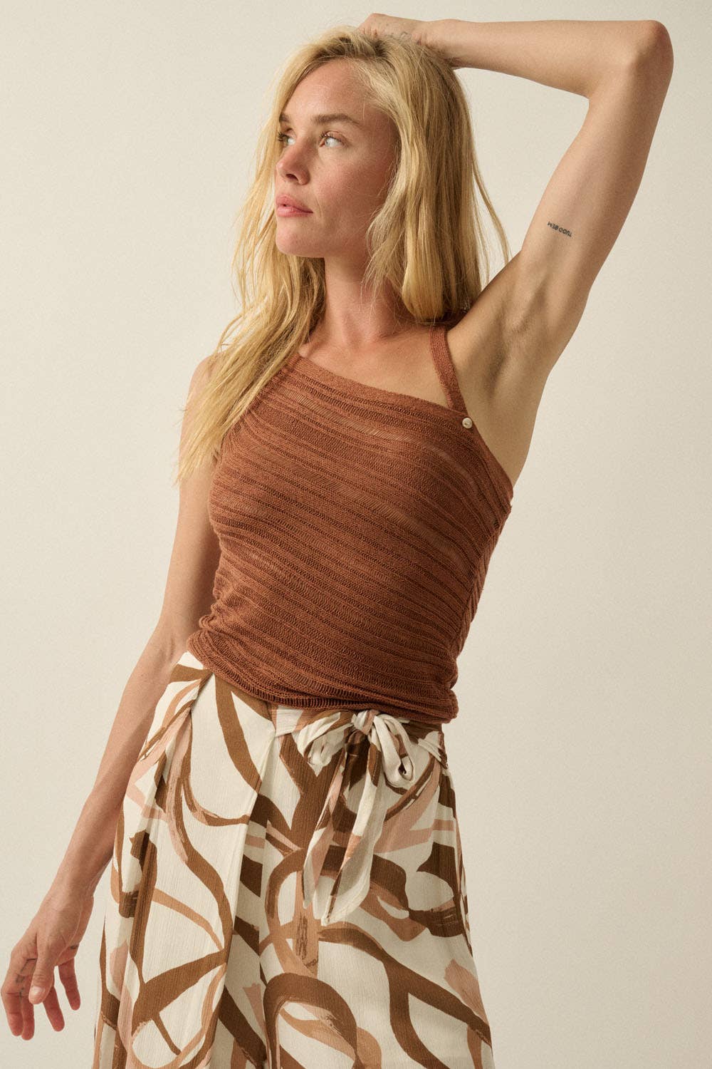 Ladder-Knit Asymmetrical Halter Tank Top