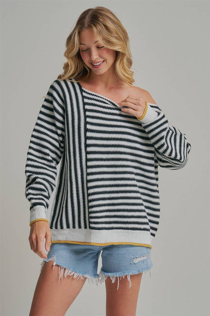OVERSIZED STRIPE OFF SHOULDER SWEATER TOP