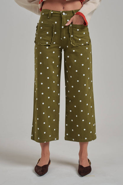 WIDE LEG POLKA DOT TWILL PANTS SCALLOP POCKET
