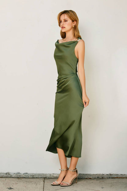 Satin Off The Shoulder Ruche Midi Dress