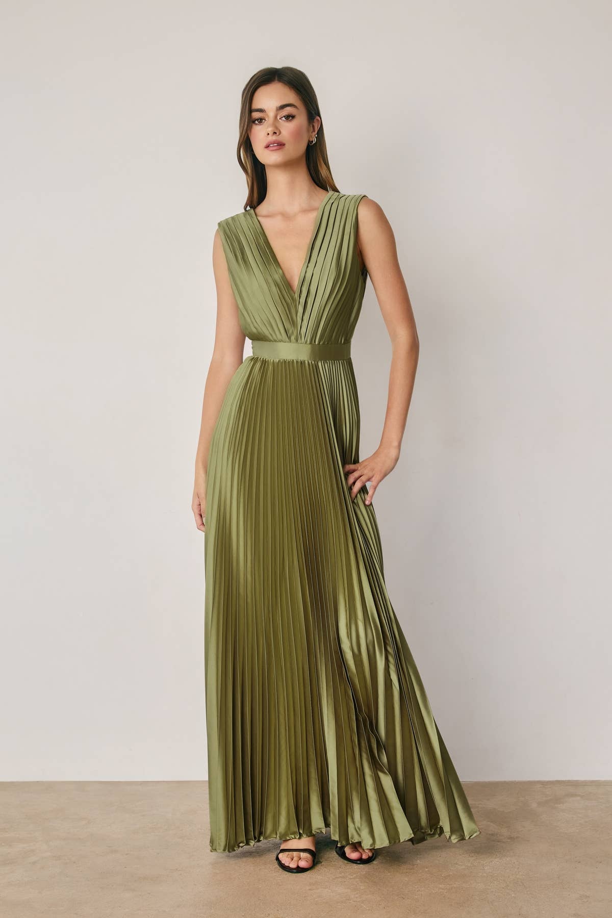 Pleated Satin V Neck Maxi Dress