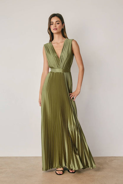 Pleated Satin V Neck Maxi Dress