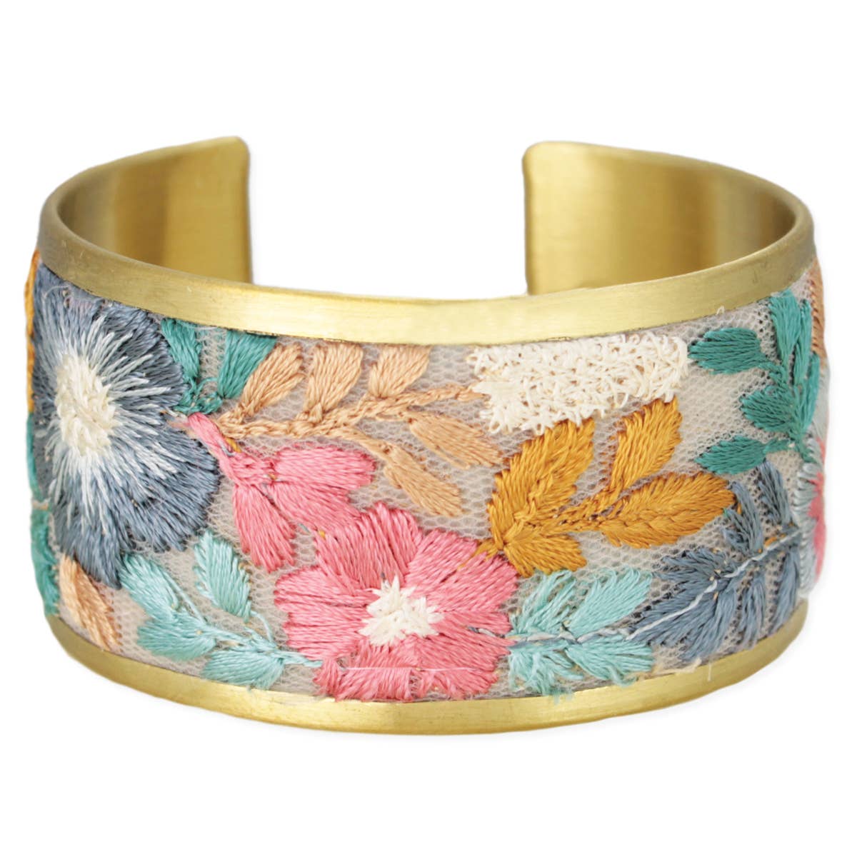 Faded Floral Pastel Embroidered Fabric Cuff Bracelet