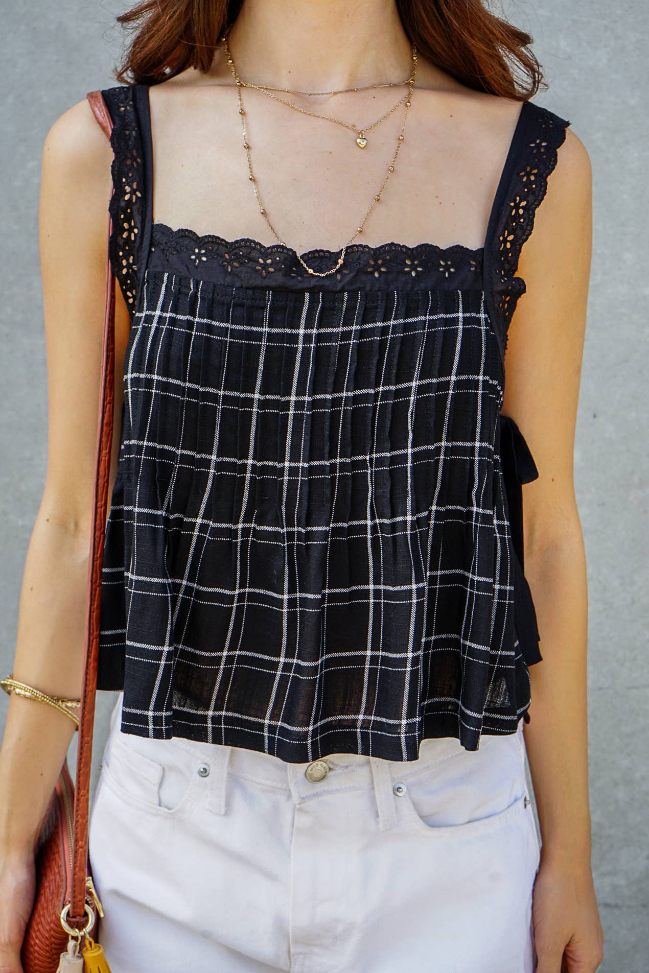 Plaid Lace Trim Side-Tie Crop Top
