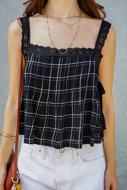 Plaid Lace Trim Side-Tie Crop Top