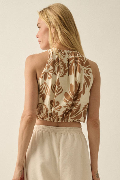 Abstract Floral-Print Gathered Sleeveless Cropped Halter Top