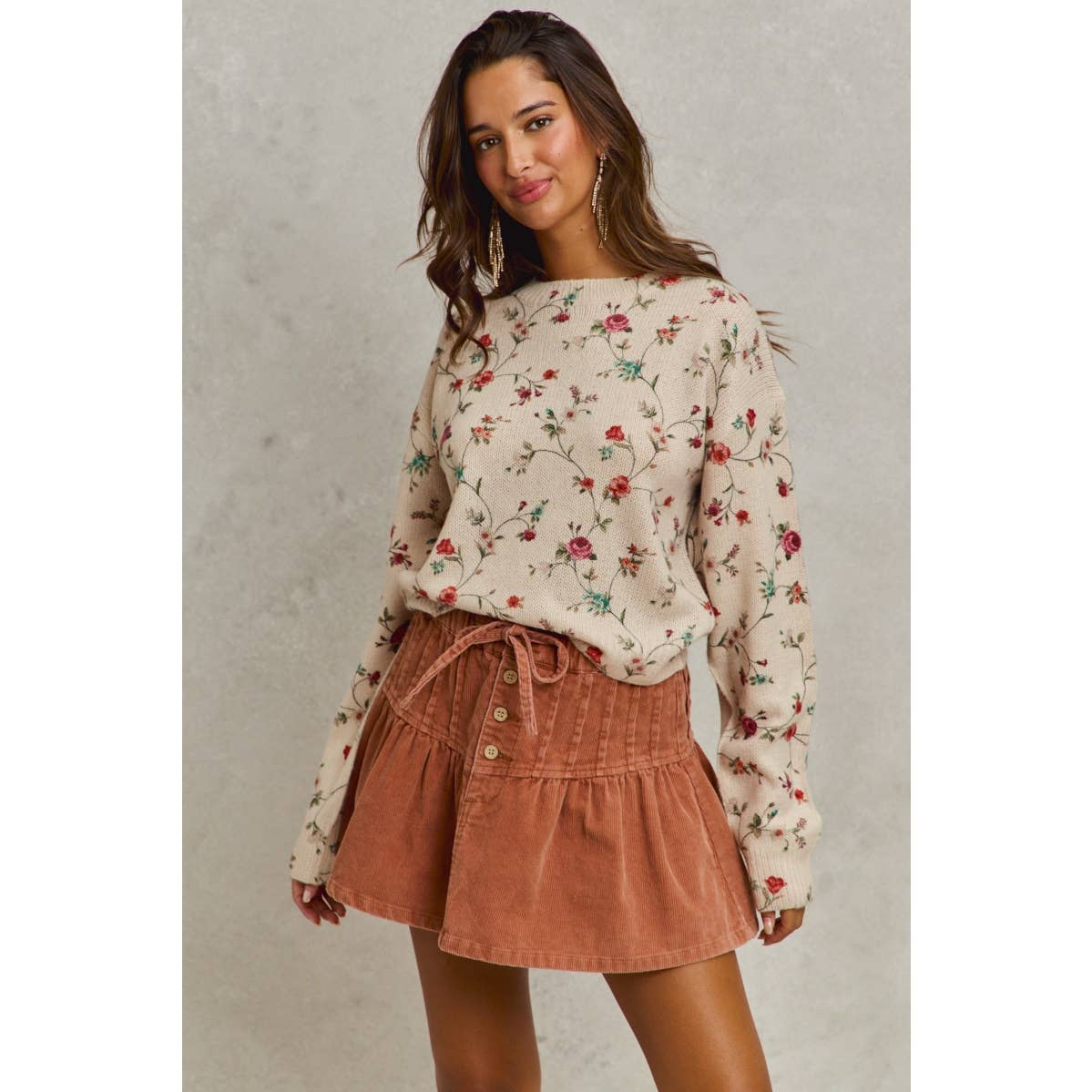 MINERAL WASH PINTUCKED CORDUROY MINI FLARED SKIRT