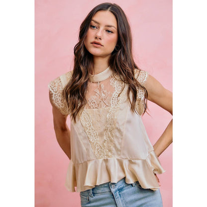 SATIN MOCK NECK LACE TRIM PEPLUM BLOUSE TOP