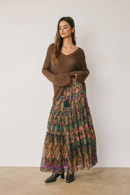 Boho Print Tiered Maxi Skirt