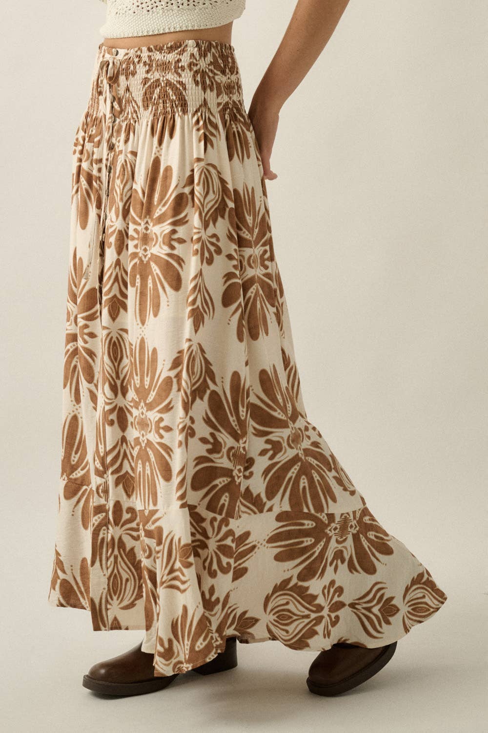 Ornate Floral-Print Button-Front Drawstring Maxi Skirt
