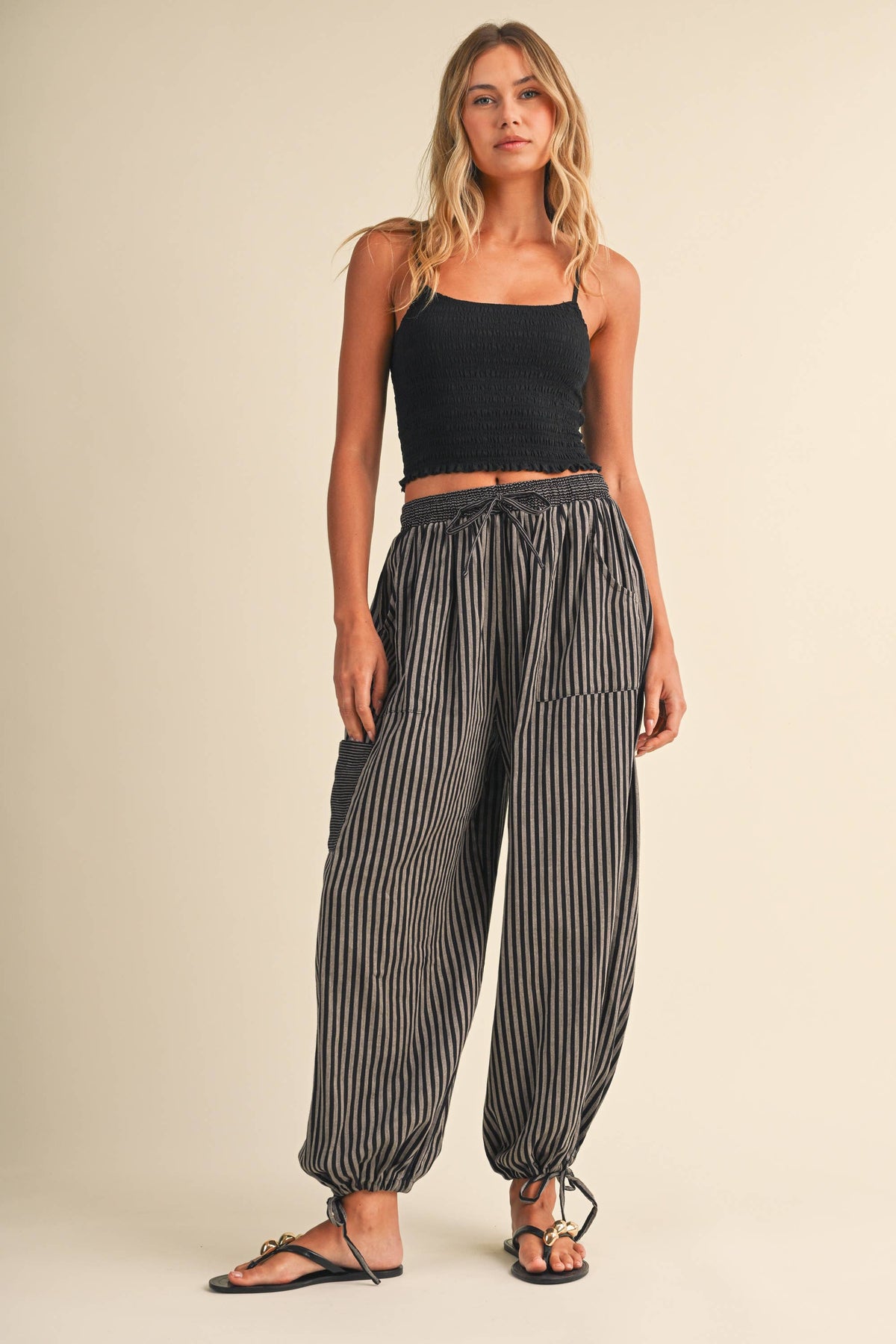 STRIPED DOUBLE GAUZE CONTRAST POCKET BALLOON PANTS