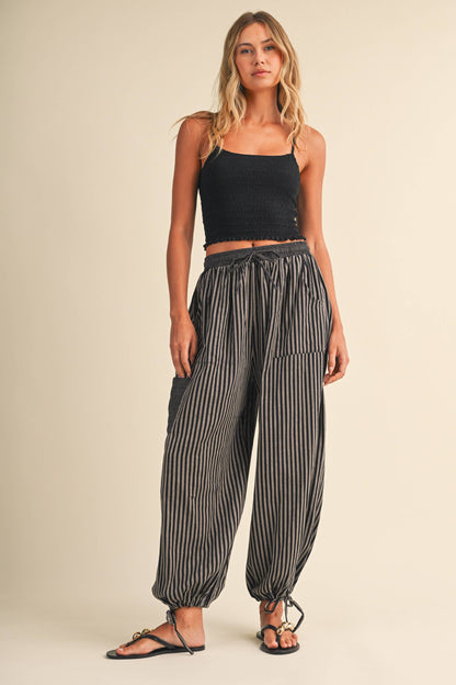 STRIPED DOUBLE GAUZE CONTRAST POCKET BALLOON PANTS