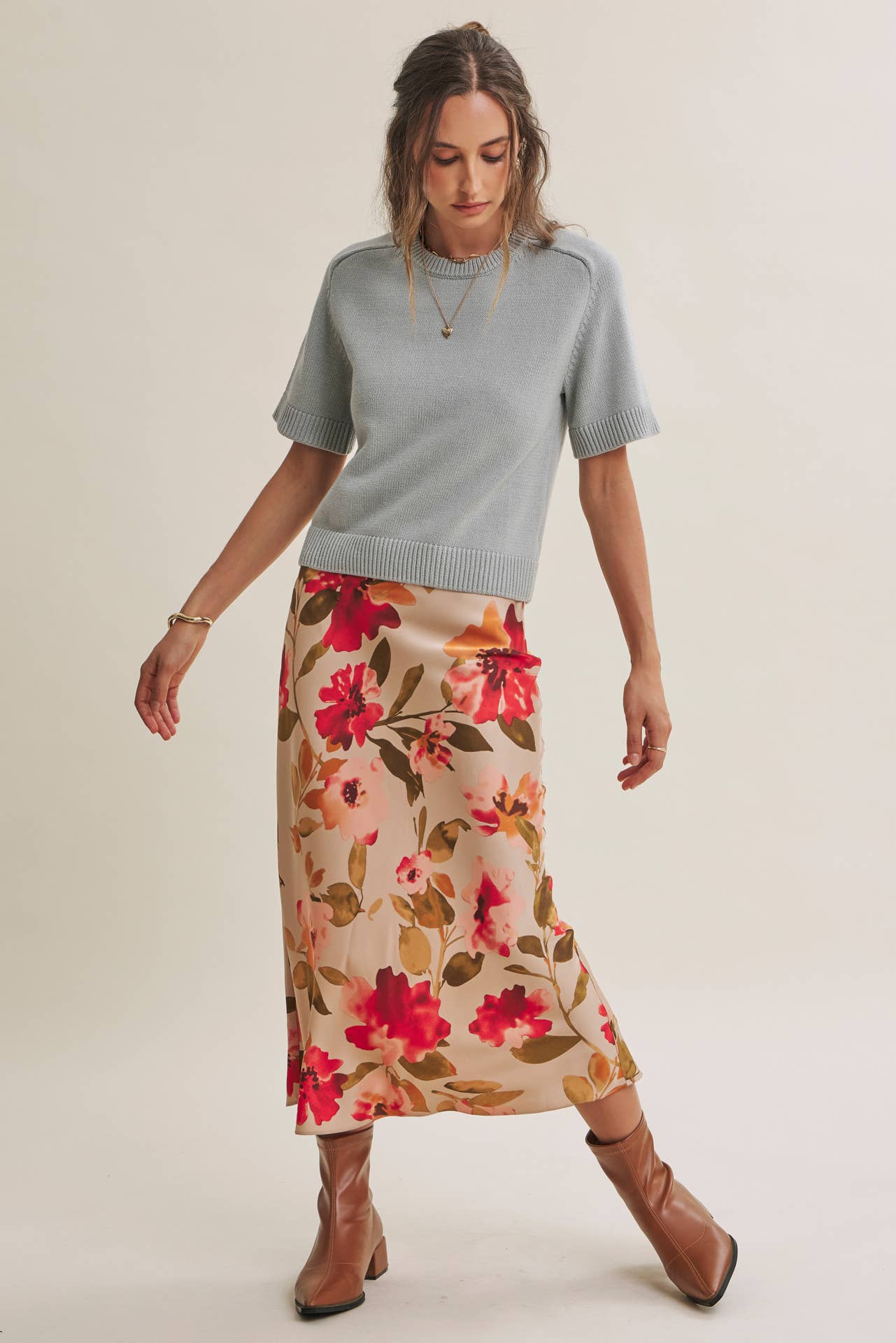 DRAPES SMOOTHLY SOFT FLORAL SATIN BIAS CUT MIDI SKIRT