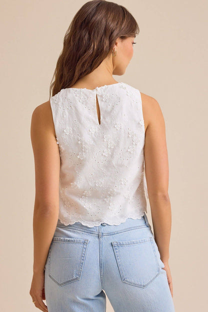 Embroidered eyelet side tie r-neck tank top