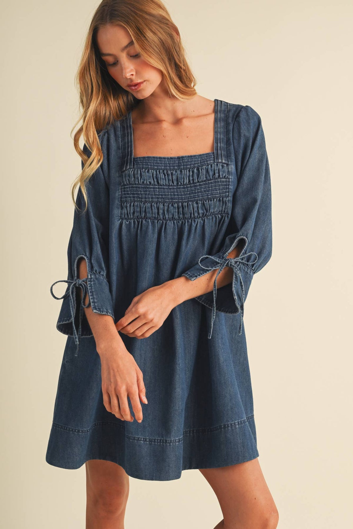 Square-Neck Smocked Denim Trapeze Dress