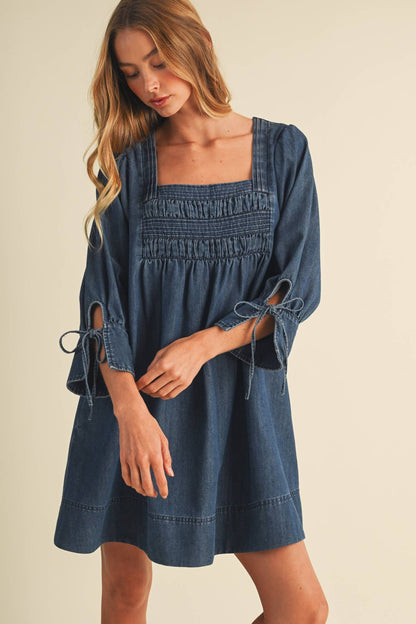 Square-Neck Smocked Denim Trapeze Dress