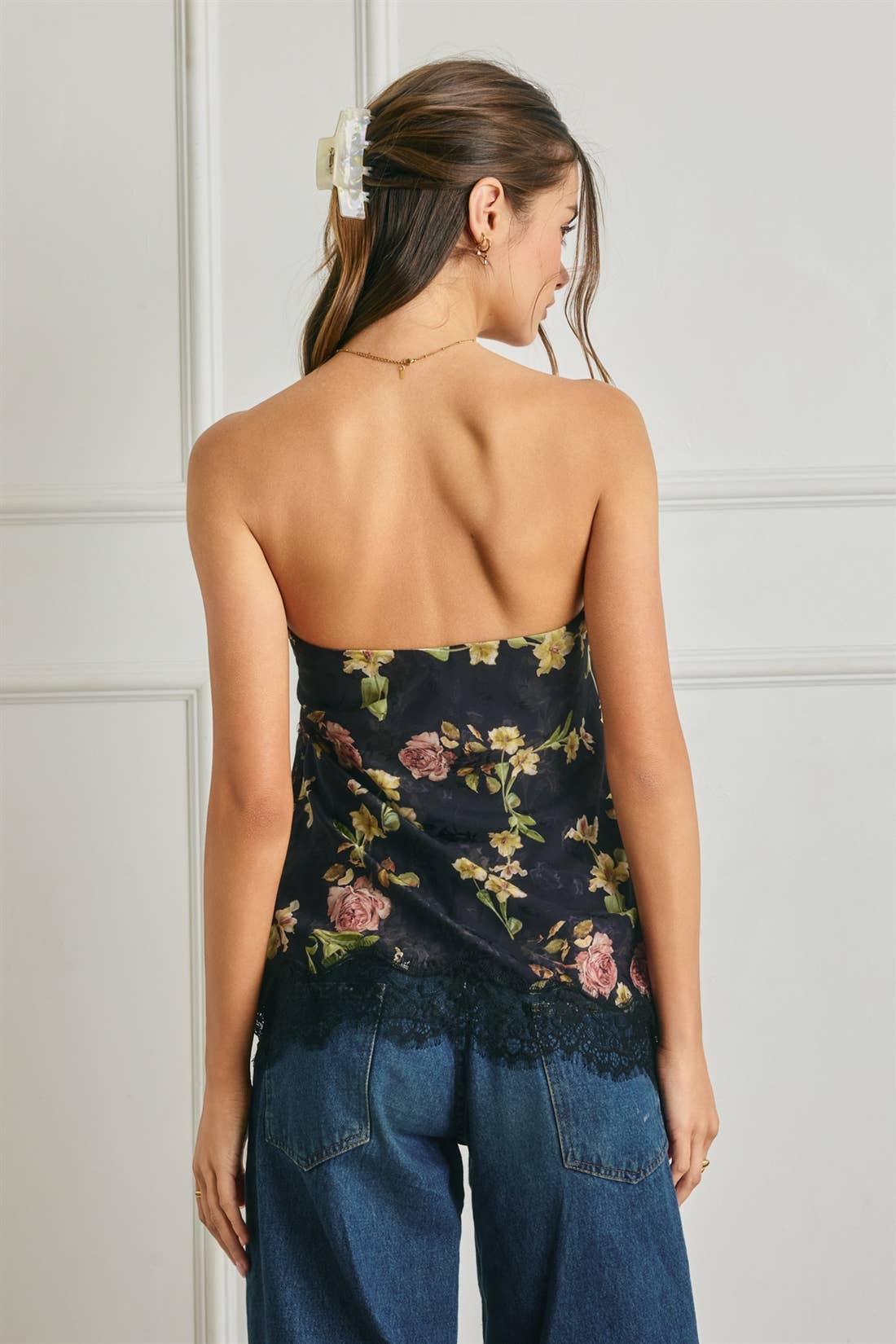 Floral Asymmetrical Lace Hem Tube Top