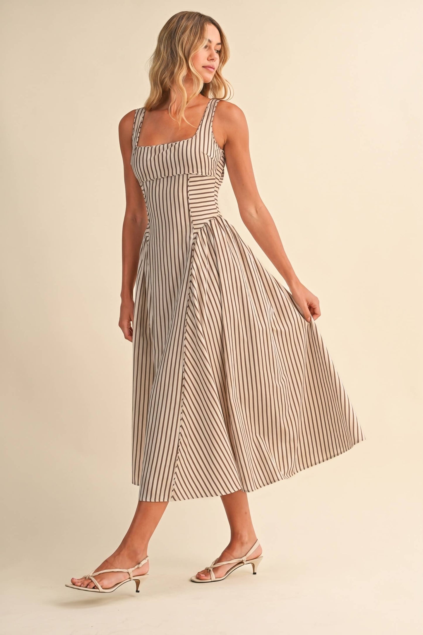 STRIPED BACK BUCKLE PIPING DETAIL MIDI DRESS