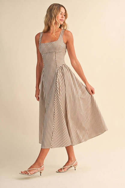 STRIPED BACK BUCKLE PIPING DETAIL MIDI DRESS