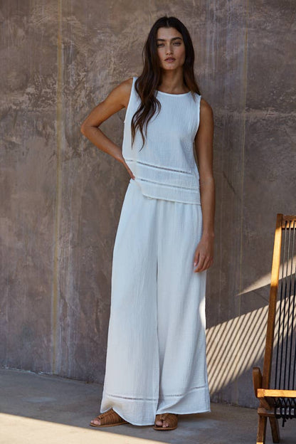 L9511B | Woven Cotton Waist Tie Strap Wide Leg Pants