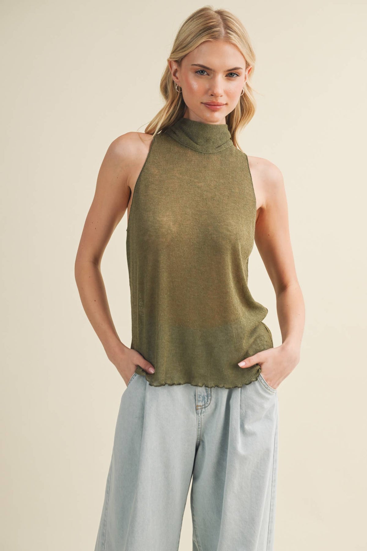 Tie-Back Mock Neck Ribbed Knit Top