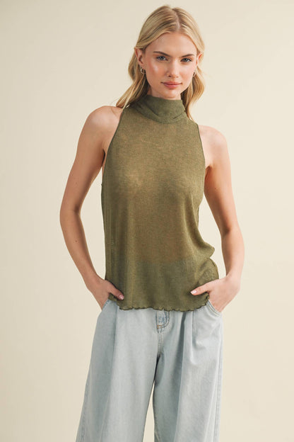 Tie-Back Mock Neck Ribbed Knit Top