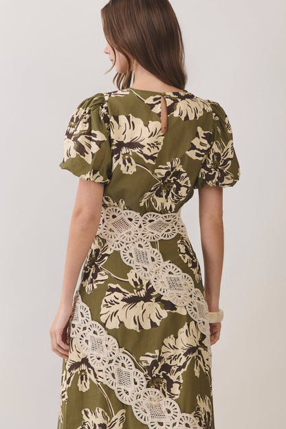 Floral Crochet Trim Puff Sleeve Crop Top