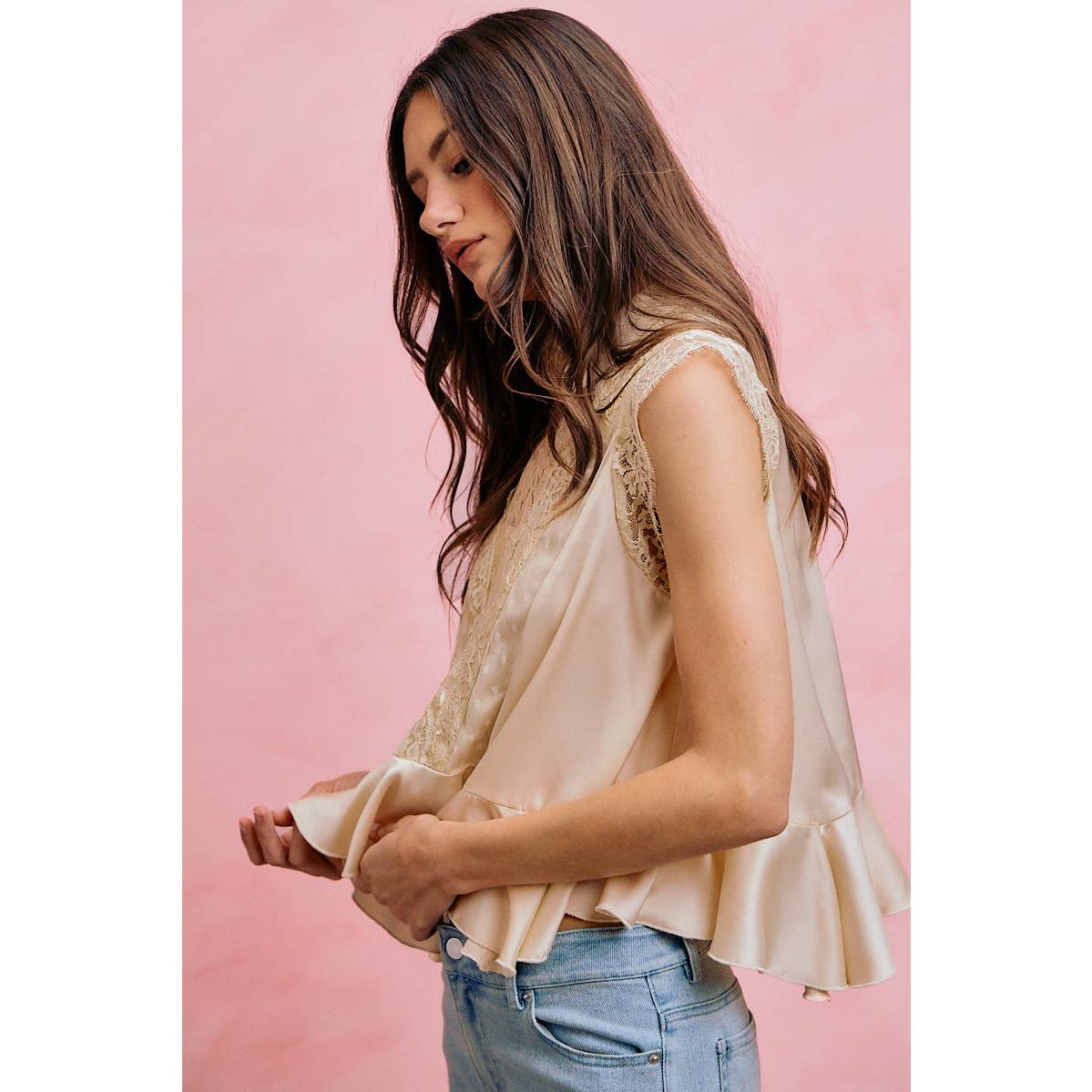 SATIN MOCK NECK LACE TRIM PEPLUM BLOUSE TOP