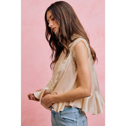 SATIN MOCK NECK LACE TRIM PEPLUM BLOUSE TOP
