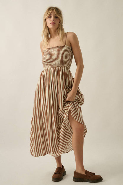Striped Cotton-Blend Smocked Pocket Midi Dress