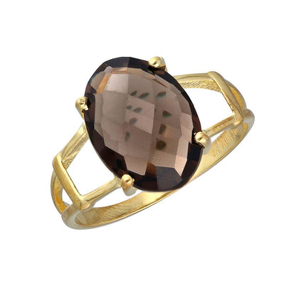 Gold Plated 925 Silver Somky Quartz Solitaire Ring