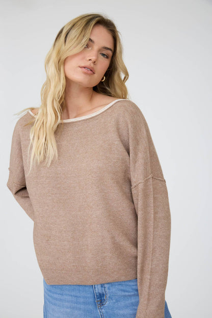 CONTRAST TRIM OFF SHOULDER LONG SLEEVE SWEATER