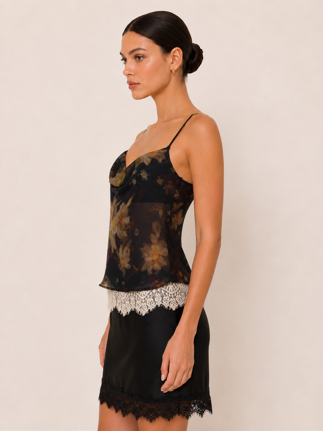COWL NECK LACE TRIM TANK TOP - TI7882FO