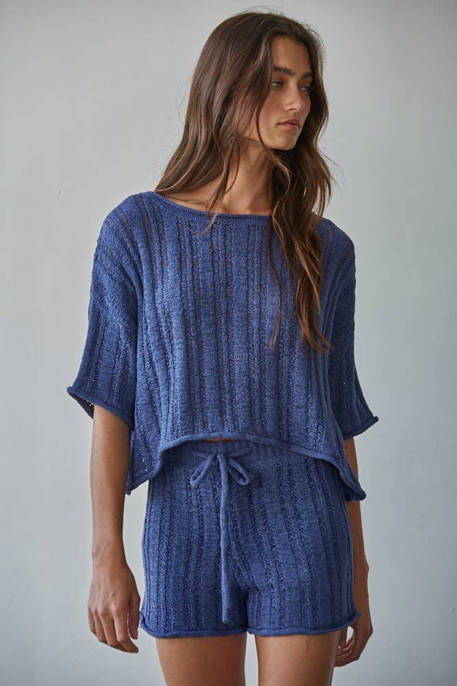 Knit  Acrylic Crew Short Sleeve Sweater