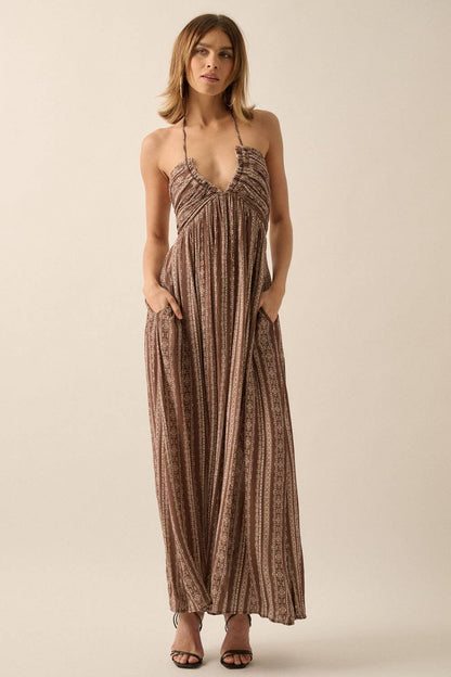 Aztec-Stripe Plunging Halter Maxi Dress