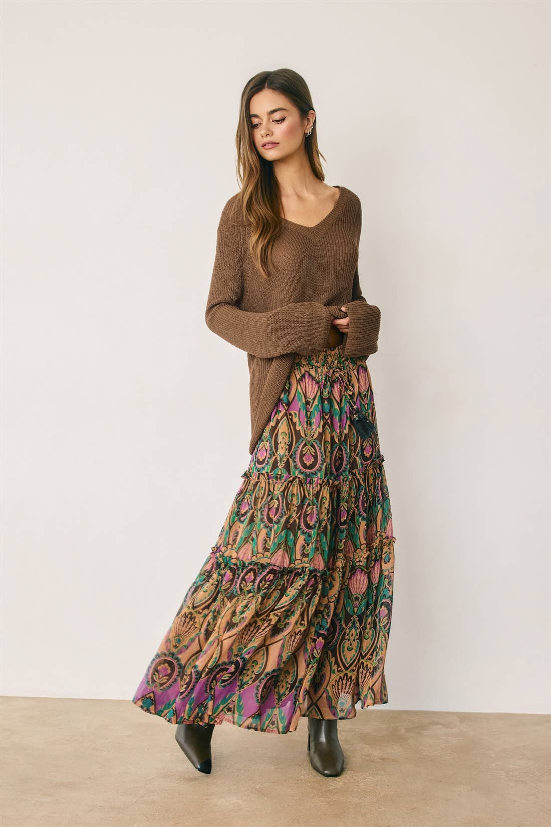 Boho Print Tiered Maxi Skirt