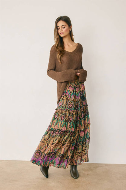 Boho Print Tiered Maxi Skirt