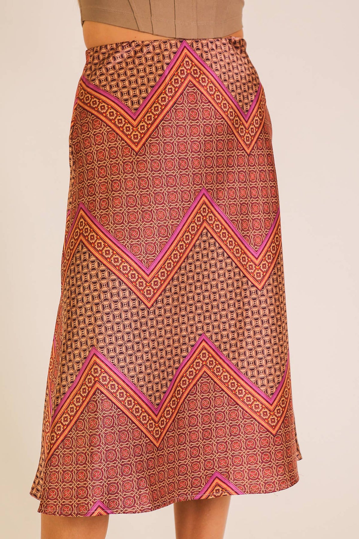 Geo Print Satin Midi Skirt