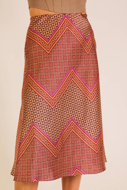 Geo Print Satin Midi Skirt