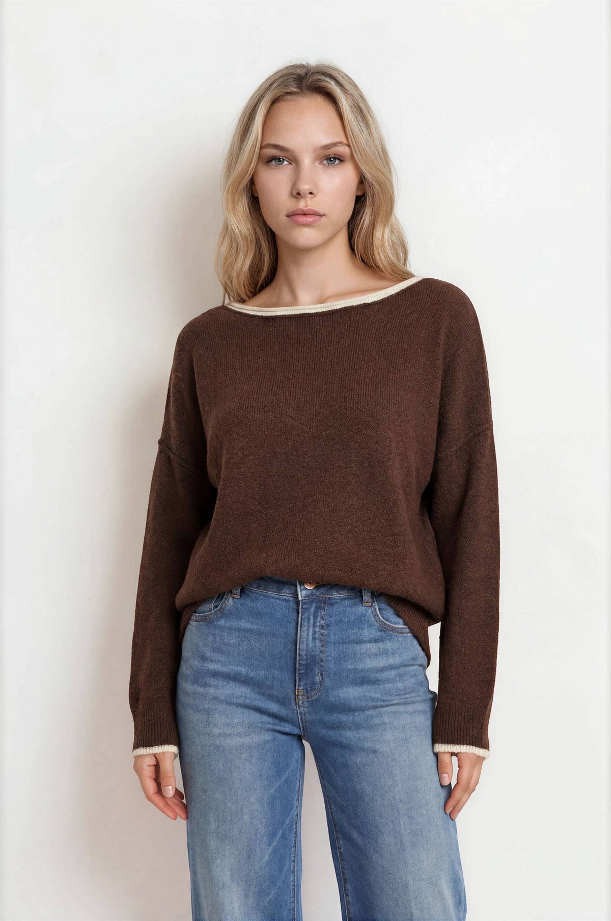 CONTRAST TRIM OFF SHOULDER LONG SLEEVE SWEATER