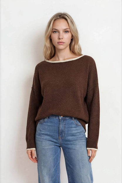 CONTRAST TRIM OFF SHOULDER LONG SLEEVE SWEATER