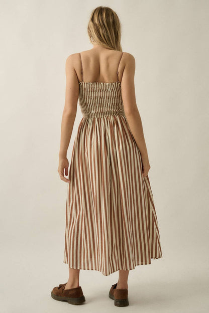 Striped Cotton-Blend Smocked Pocket Midi Dress