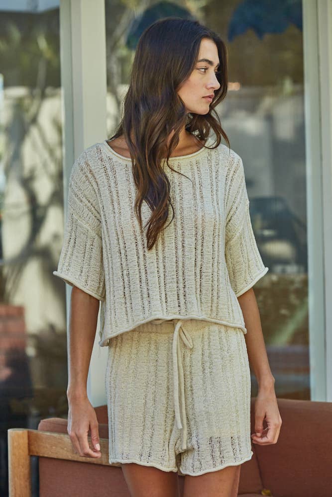 Knit  Acrylic Crew Short Sleeve Sweater